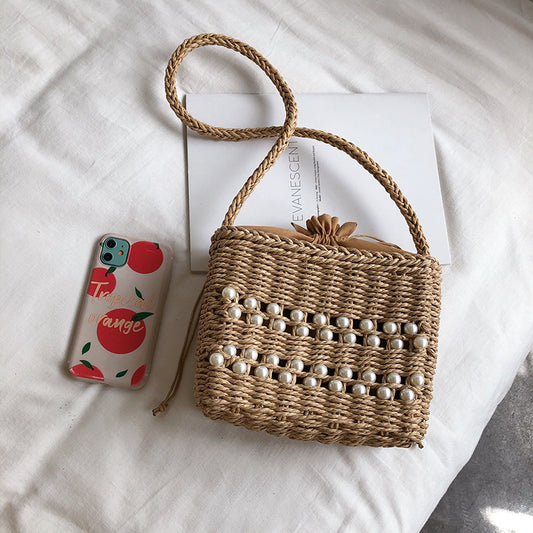 Fashion Messenger Bag Women Casual Western Style One-shoulder Pearl Straw Woven Bag 1618120067732