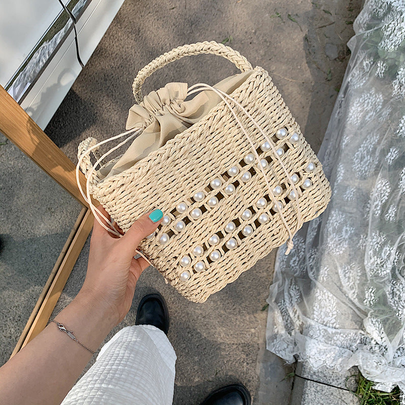 Fashion Messenger Bag Women Casual Western Style One-shoulder Pearl Straw Woven Bag 1618120067737