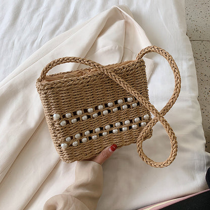 Fashion Messenger Bag Women Casual Western Style One-shoulder Pearl Straw Woven Bag 1618120067739