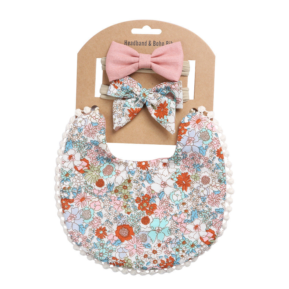 European And American Cotton Cute Floral Baby Anti-Spitting Milk Saliva Towel Newborn Printing Bib  Headband Set 161845946609