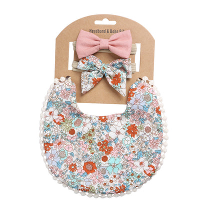 European And American Cotton Cute Floral Baby Anti-Spitting Milk Saliva Towel Newborn Printing Bib  Headband Set 161845946609