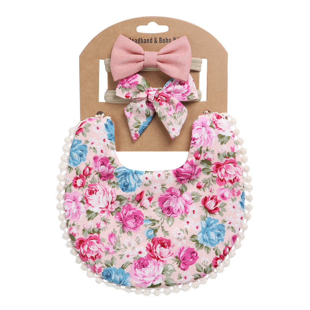 European And American Cotton Cute Floral Baby Anti-Spitting Milk Saliva Towel Newborn Printing Bib  Headband Set 161845946609