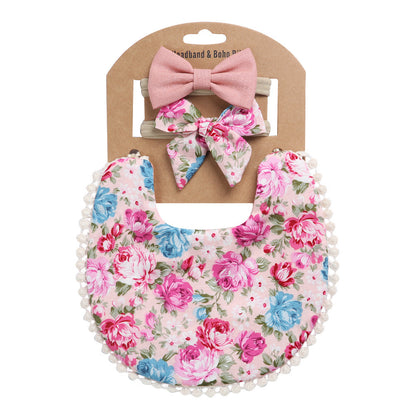 European And American Cotton Cute Floral Baby Anti-Spitting Milk Saliva Towel Newborn Printing Bib  Headband Set 161845946609