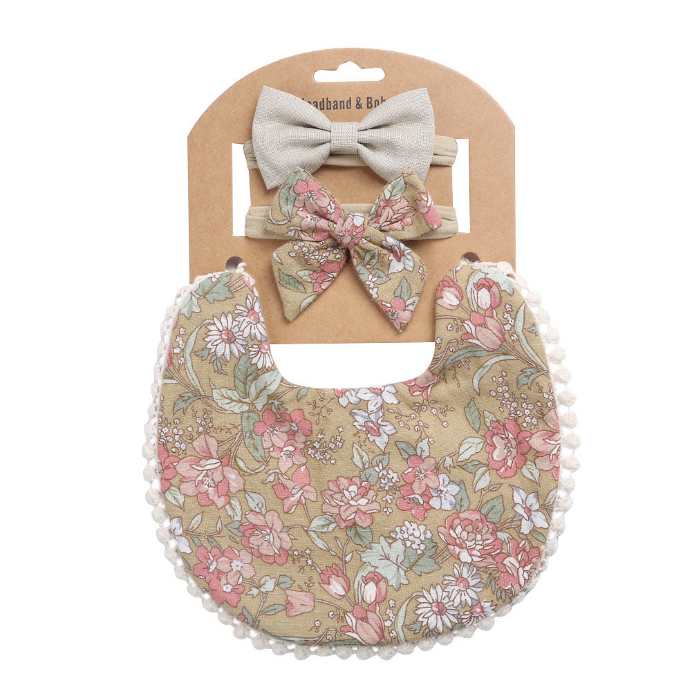 European And American Cotton Cute Floral Baby Anti-Spitting Milk Saliva Towel Newborn Printing Bib  Headband Set 161845946610