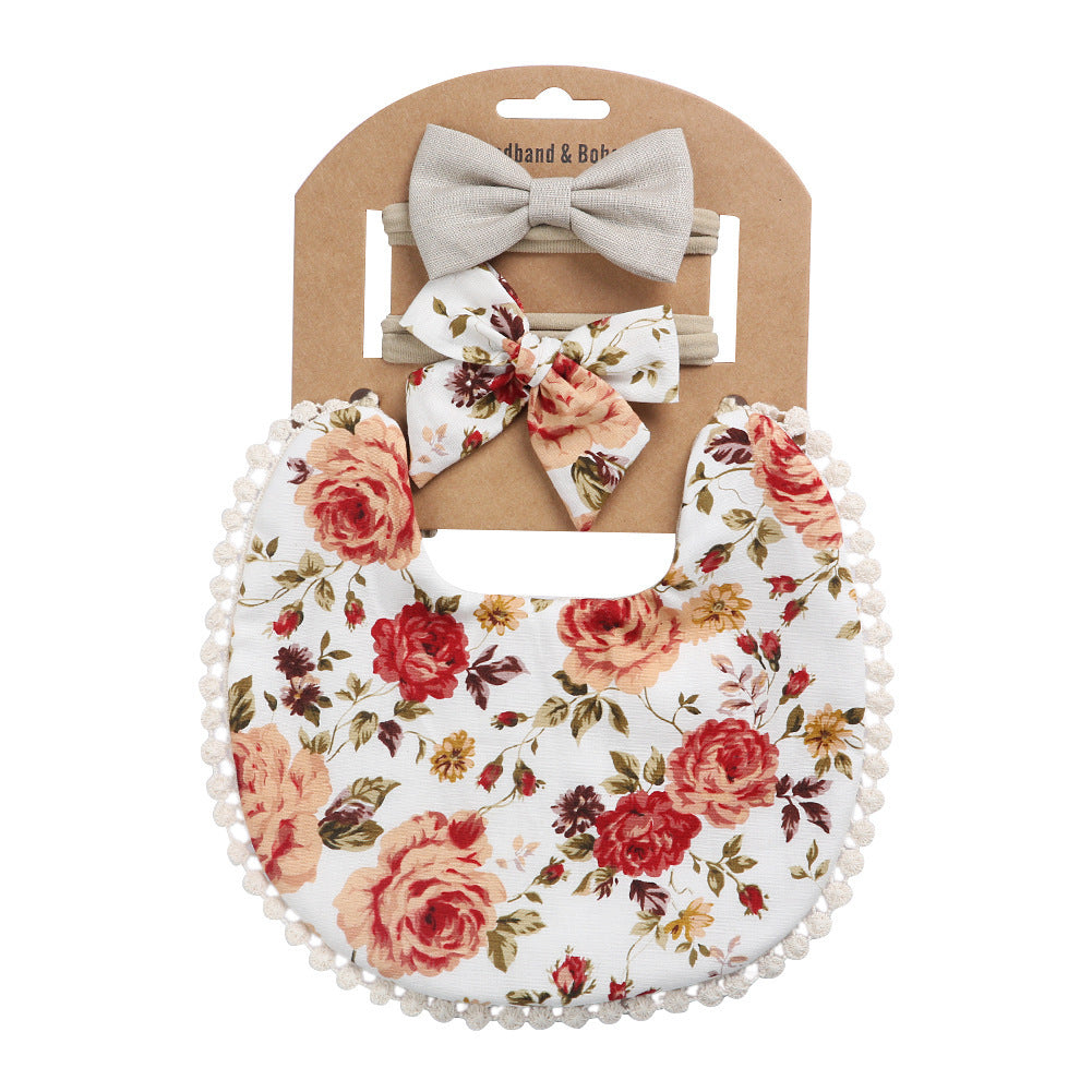 European And American Cotton Cute Floral Baby Anti-Spitting Milk Saliva Towel Newborn Printing Bib  Headband Set 161845946637