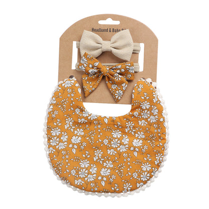 European And American Cotton Cute Floral Baby Anti-Spitting Milk Saliva Towel Newborn Printing Bib  Headband Set 161845946638