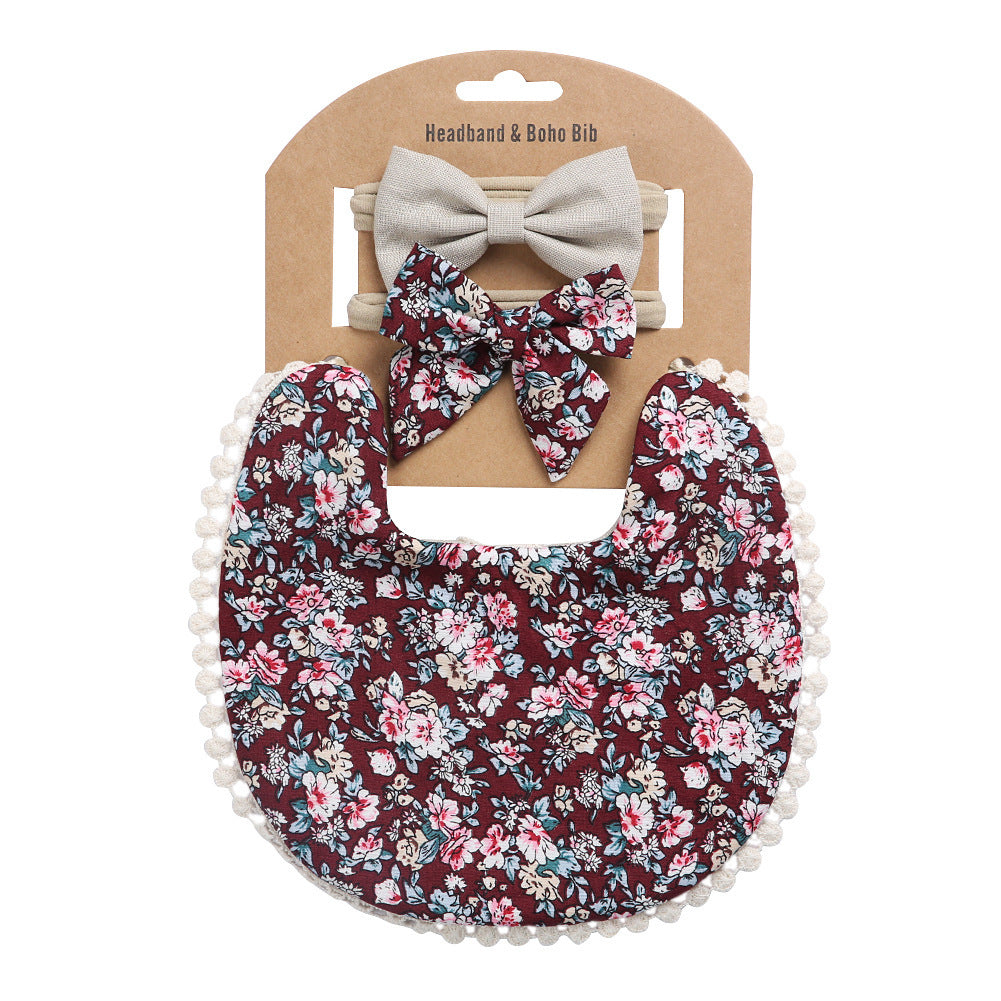 European And American Cotton Cute Floral Baby Anti-Spitting Milk Saliva Towel Newborn Printing Bib  Headband Set 161845946639