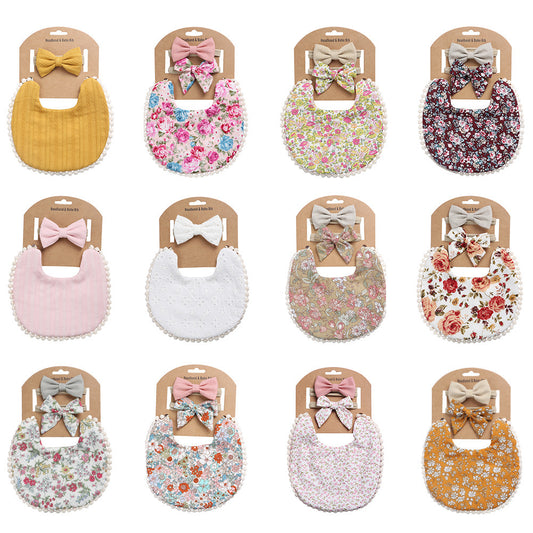 European And American Cotton Cute Floral Baby Anti-Spitting Milk Saliva Towel Newborn Printing Bib  Headband Set 161845946667