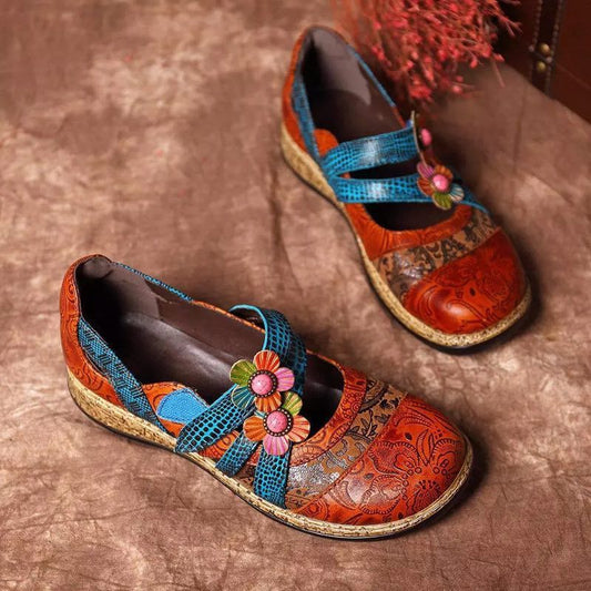 Retro British Floral Leather Combination Wild Little Girls Striped Wedge Flat Ladies Single Sandals 1618826043627