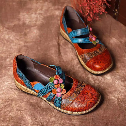 Retro British Floral Leather Combination Wild Little Girls Striped Wedge Flat Ladies Single Sandals 1618826043627 8905e45b 3f