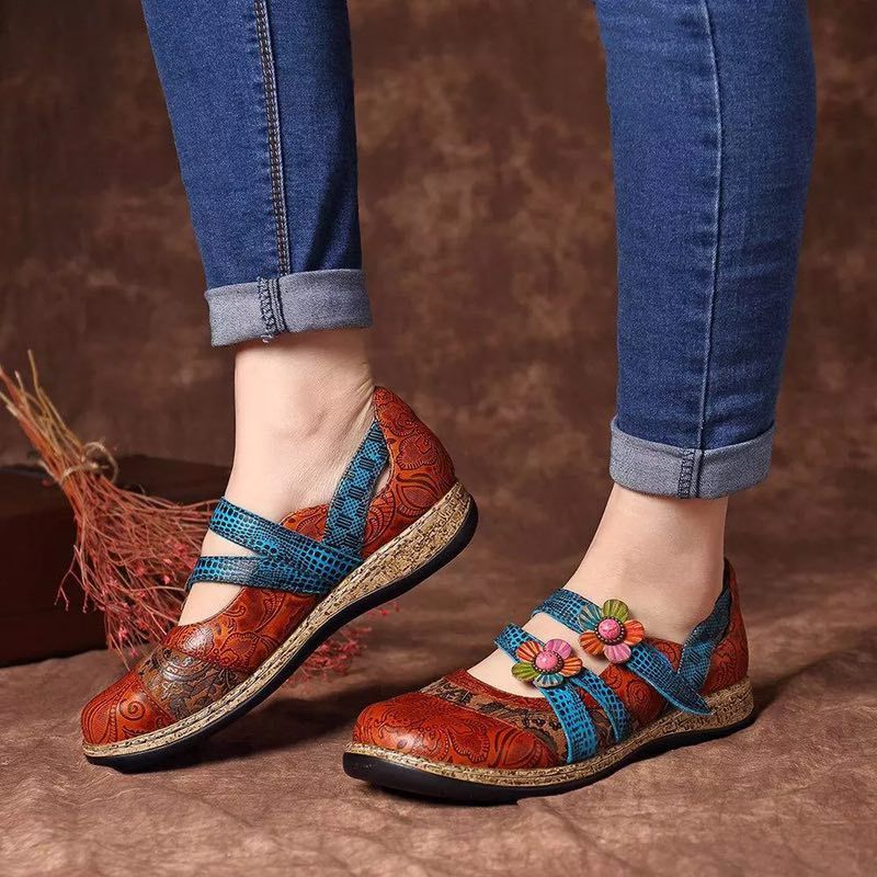 Retro British Floral Leather Combination Wild Little Girls Striped Wedge Flat Ladies Single Sandals 1618826043631