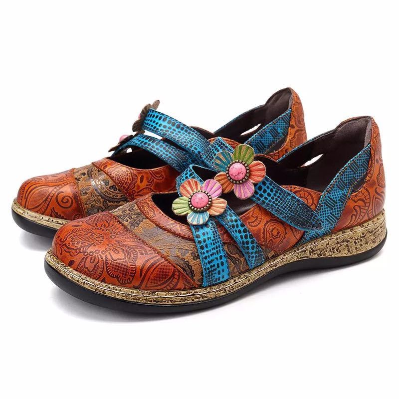 Retro British Floral Leather Combination Wild Little Girls Striped Wedge Flat Ladies Single Sandals 1618826043633