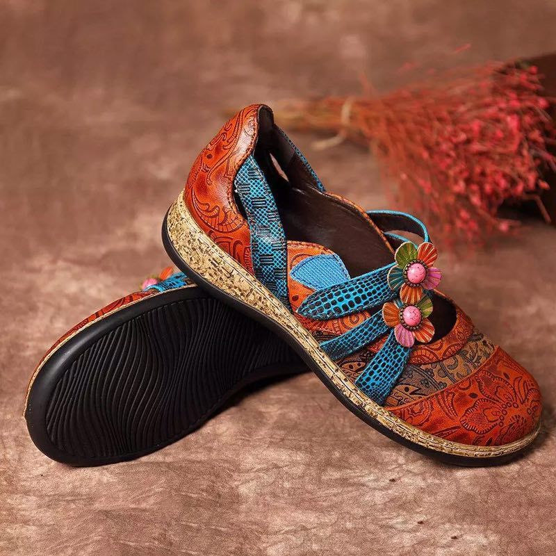Retro British Floral Leather Combination Wild Little Girls Striped Wedge Flat Ladies Single Sandals 1618826043645