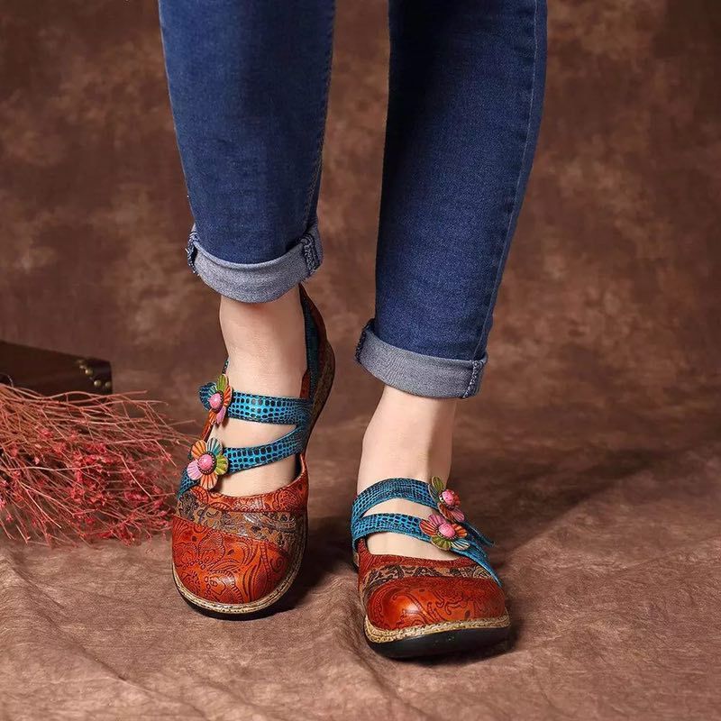 Retro British Floral Leather Combination Wild Little Girls Striped Wedge Flat Ladies Single Sandals 1618826043650