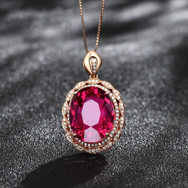 New Inlaid Pigeon Blood Ruby Goose Egg-Shaped Micro-Inlaid Zircon Pendant European And American Luxury Banquet Engagement Nec