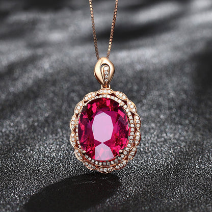New Inlaid Pigeon Blood Ruby Goose Egg-Shaped Micro-Inlaid Zircon Pendant European And American Luxury Banquet Engagement Nec