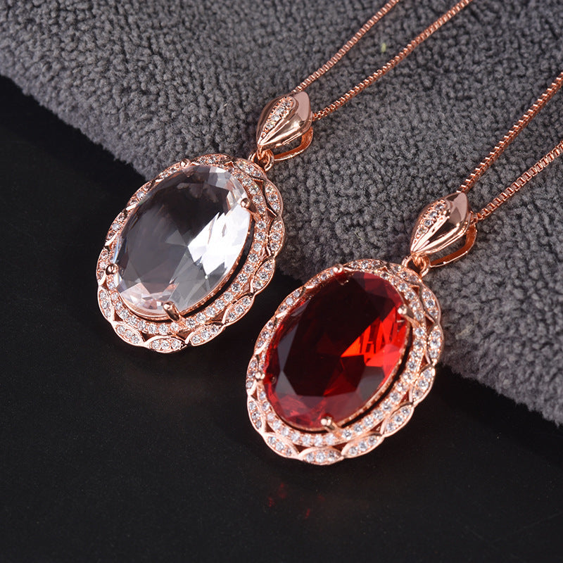 New Inlaid Pigeon Blood Ruby Goose Egg-Shaped Micro-Inlaid Zircon Pendant European And American Luxury Banquet Engagement Nec