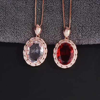 New Inlaid Pigeon Blood Ruby Goose Egg-Shaped Micro-Inlaid Zircon Pendant European And American Luxury Banquet Engagement Nec