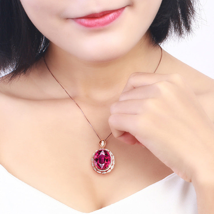 New Inlaid Pigeon Blood Ruby Goose Egg-Shaped Micro-Inlaid Zircon Pendant European And American Luxury Banquet Engagement Nec