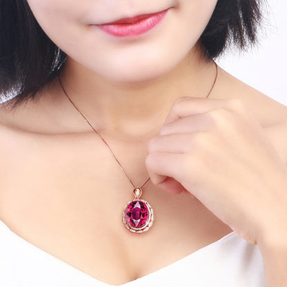 New Inlaid Pigeon Blood Ruby Goose Egg-Shaped Micro-Inlaid Zircon Pendant European And American Luxury Banquet Engagement Nec
