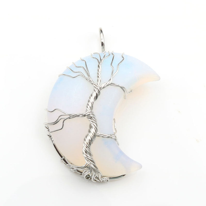 Cross-Border New Handmade Necklace Jewelry Moon Natural Crystal Stone Tree Of Life Jewelry Pendant Necklace Accessories 16190