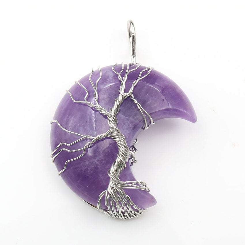 Cross-Border New Handmade Necklace Jewelry Moon Natural Crystal Stone Tree Of Life Jewelry Pendant Necklace Accessories 16190