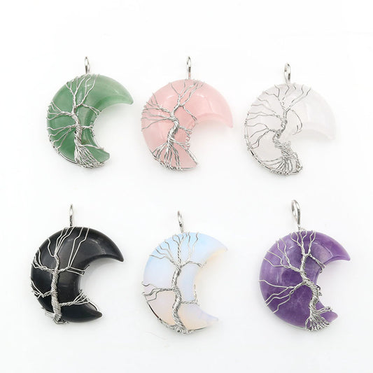 Cross-Border New Handmade Necklace Jewelry Moon Natural Crystal Stone Tree Of Life Jewelry Pendant Necklace Accessories 16190