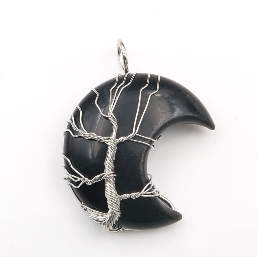 Cross-Border New Handmade Necklace Jewelry Moon Natural Crystal Stone Tree Of Life Jewelry Pendant Necklace Accessories 16190