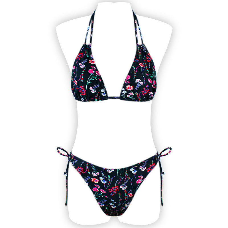Printed Halter Lace Open Back European and American Sexy Split Bikini Swimsuit 1619167681112