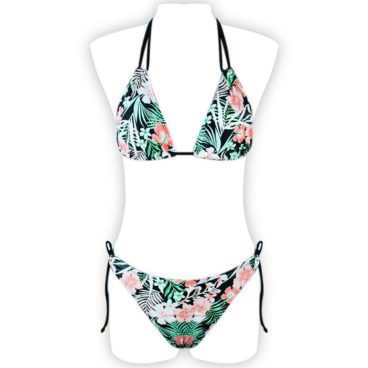 Printed Halter Lace Open Back European and American Sexy Split Bikini Swimsuit 1619167681127