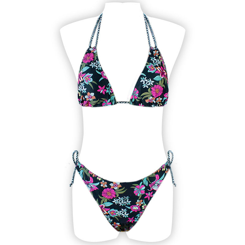 Printed Halter Lace Open Back European and American Sexy Split Bikini Swimsuit 1619167681128