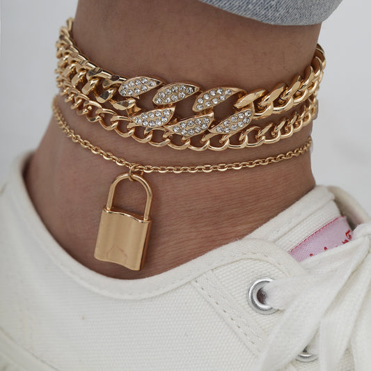 Retro Stacking Micro-Inlaid Fashion Footwear Female Personality Hip-Hop Cuban Chain Lock-Shaped Anklet 1619402339682