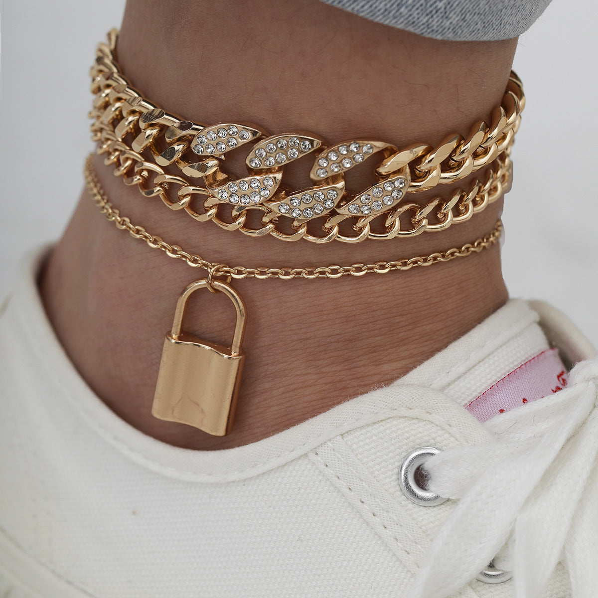 Retro Stacking Micro-Inlaid Fashion Footwear Female Personality Hip-Hop Cuban Chain Lock-Shaped Anklet 1619402339682 a018b89c