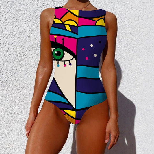 One-piece Fashion Vintage Abstract Print Lady Swimsuit Women Sleeveless Round Neck Bikini Swimwear Summer Push Up Swimsuit 16
