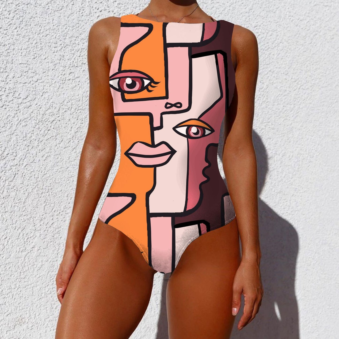 One-piece Fashion Vintage Abstract Print Lady Swimsuit Women Sleeveless Round Neck Bikini Swimwear Summer Push Up Swimsuit 16