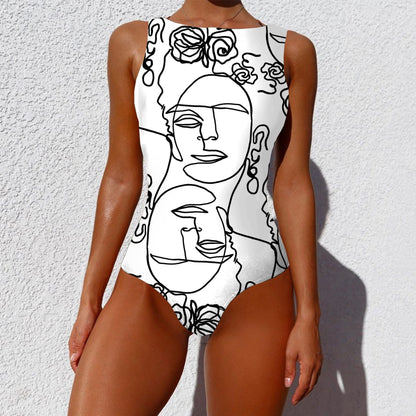 One-piece Fashion Vintage Abstract Print Lady Swimsuit Women Sleeveless Round Neck Bikini Swimwear Summer Push Up Swimsuit 16