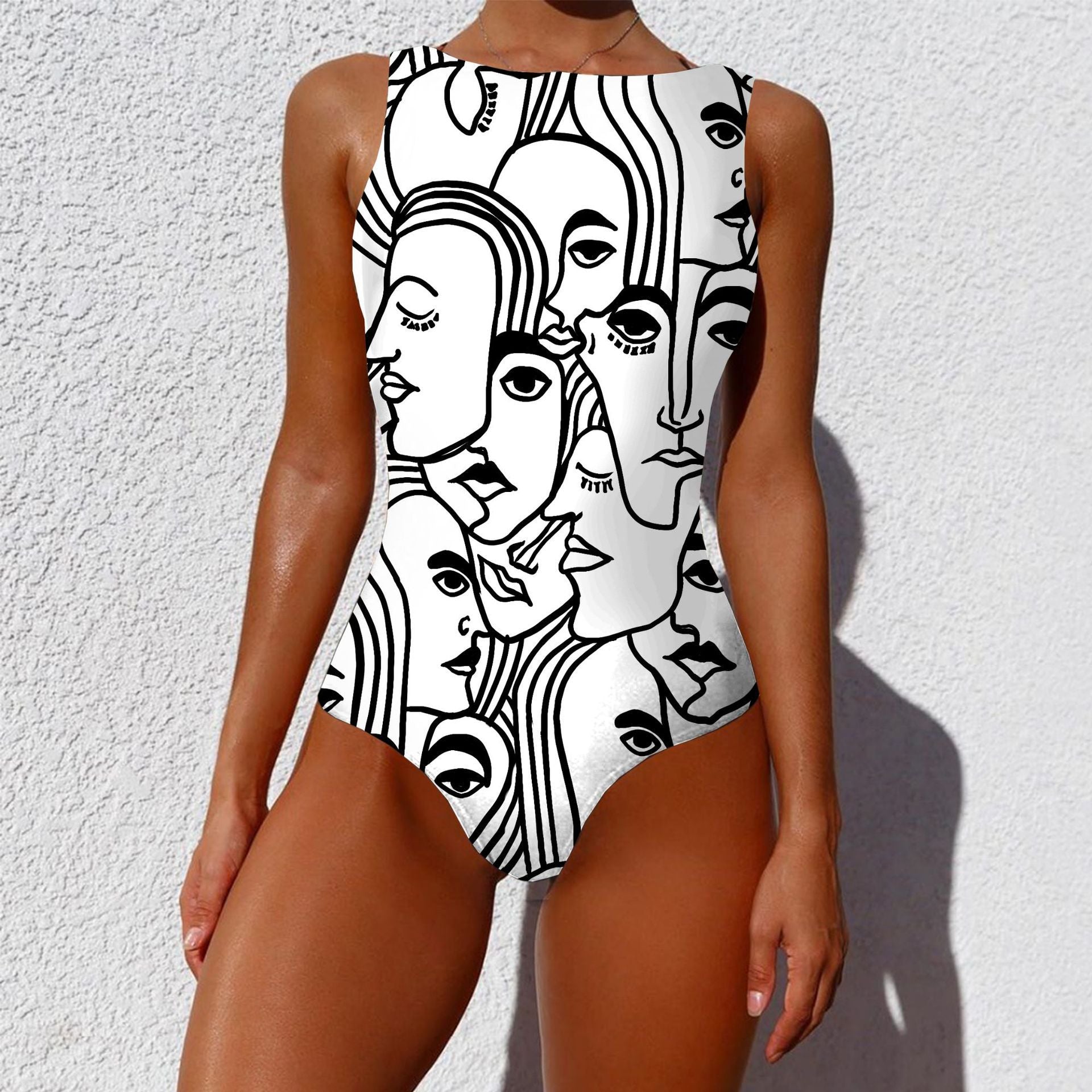 One-piece Fashion Vintage Abstract Print Lady Swimsuit Women Sleeveless Round Neck Bikini Swimwear Summer Push Up Swimsuit 16