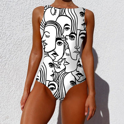 One-piece Fashion Vintage Abstract Print Lady Swimsuit Women Sleeveless Round Neck Bikini Swimwear Summer Push Up Swimsuit 16