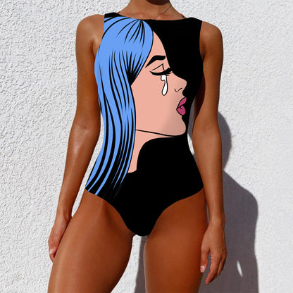 One-piece Fashion Vintage Abstract Print Lady Swimsuit Women Sleeveless Round Neck Bikini Swimwear Summer Push Up Swimsuit 16