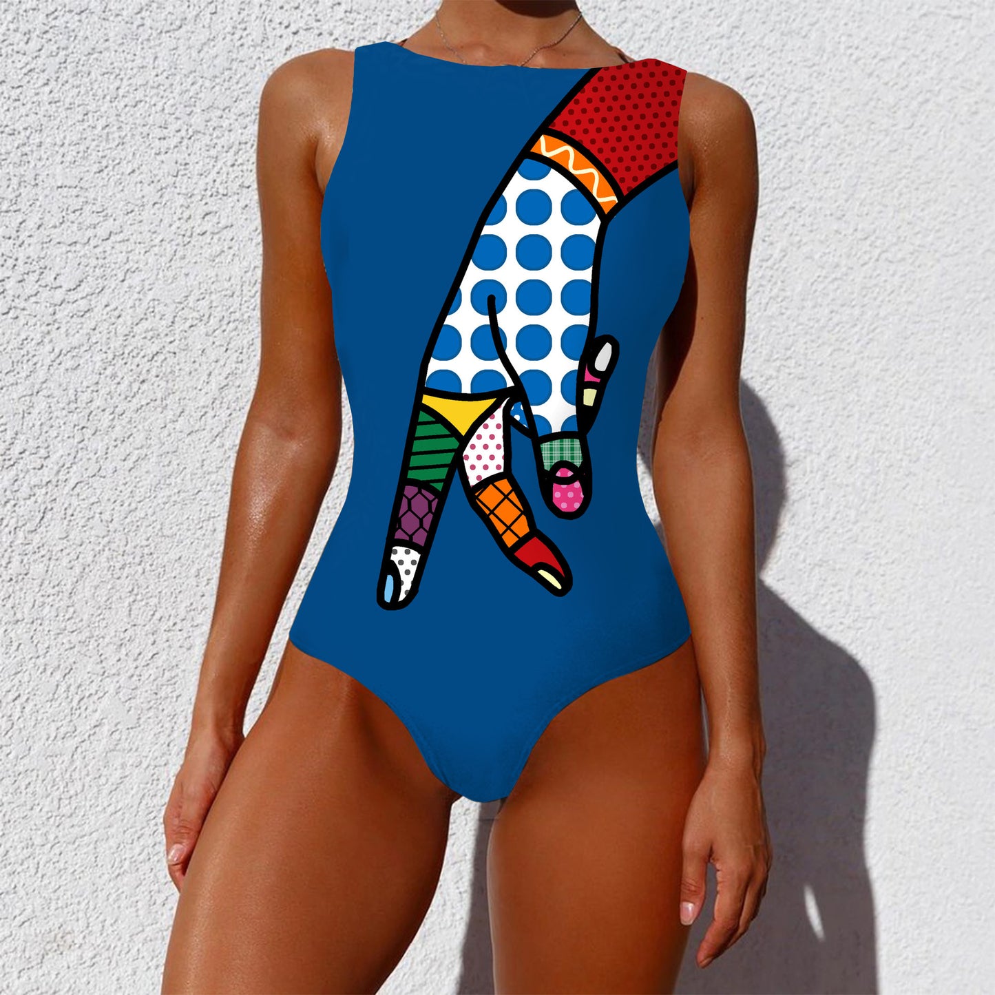 One-piece Fashion Vintage Abstract Print Lady Swimsuit Women Sleeveless Round Neck Bikini Swimwear Summer Push Up Swimsuit 16