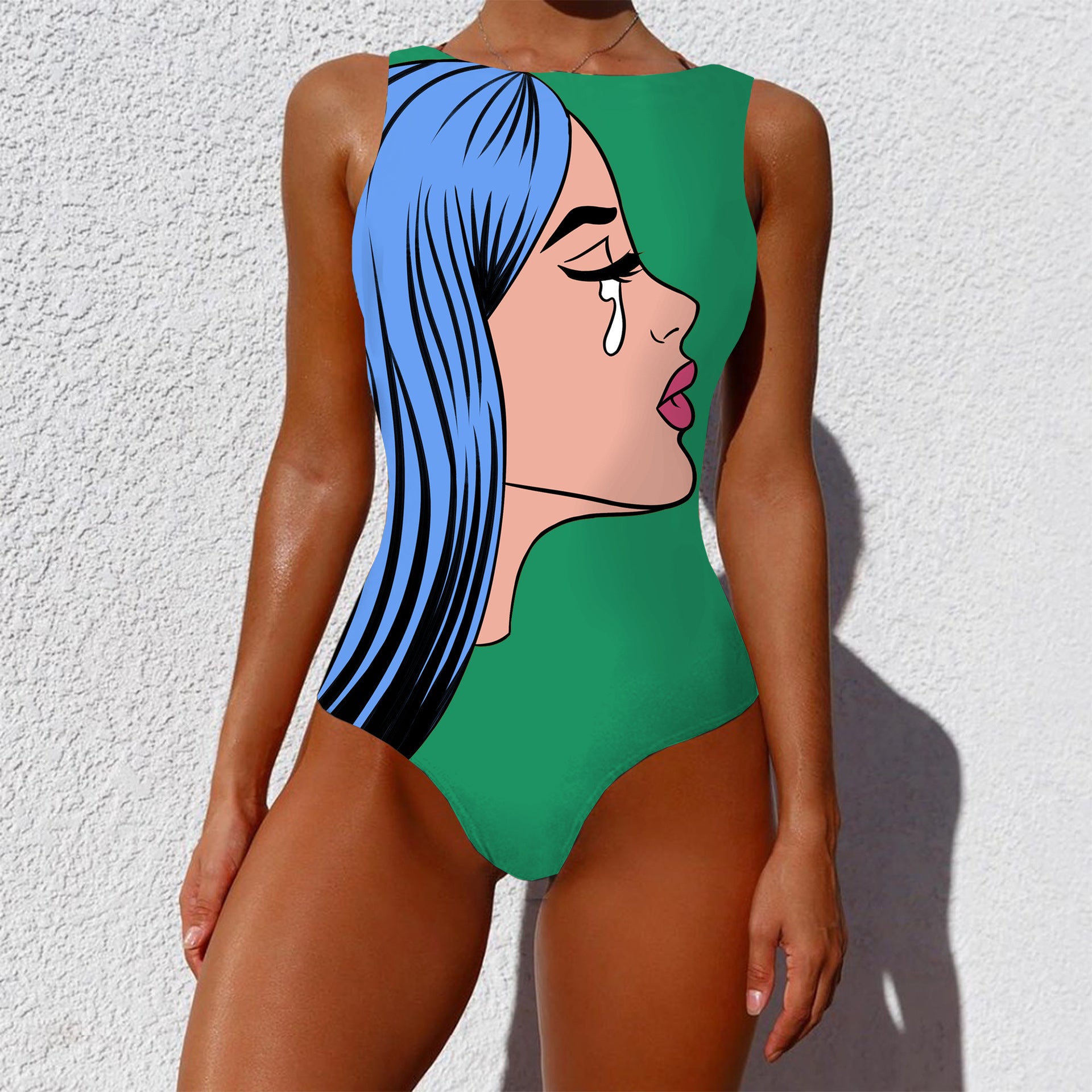 One-piece Fashion Vintage Abstract Print Lady Swimsuit Women Sleeveless Round Neck Bikini Swimwear Summer Push Up Swimsuit 16