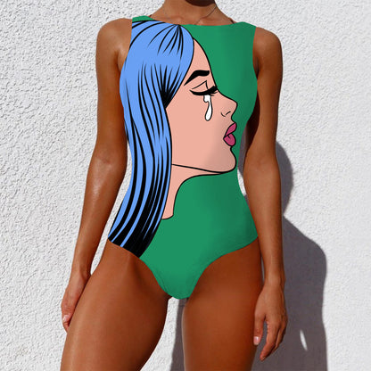 One-piece Fashion Vintage Abstract Print Lady Swimsuit Women Sleeveless Round Neck Bikini Swimwear Summer Push Up Swimsuit 16