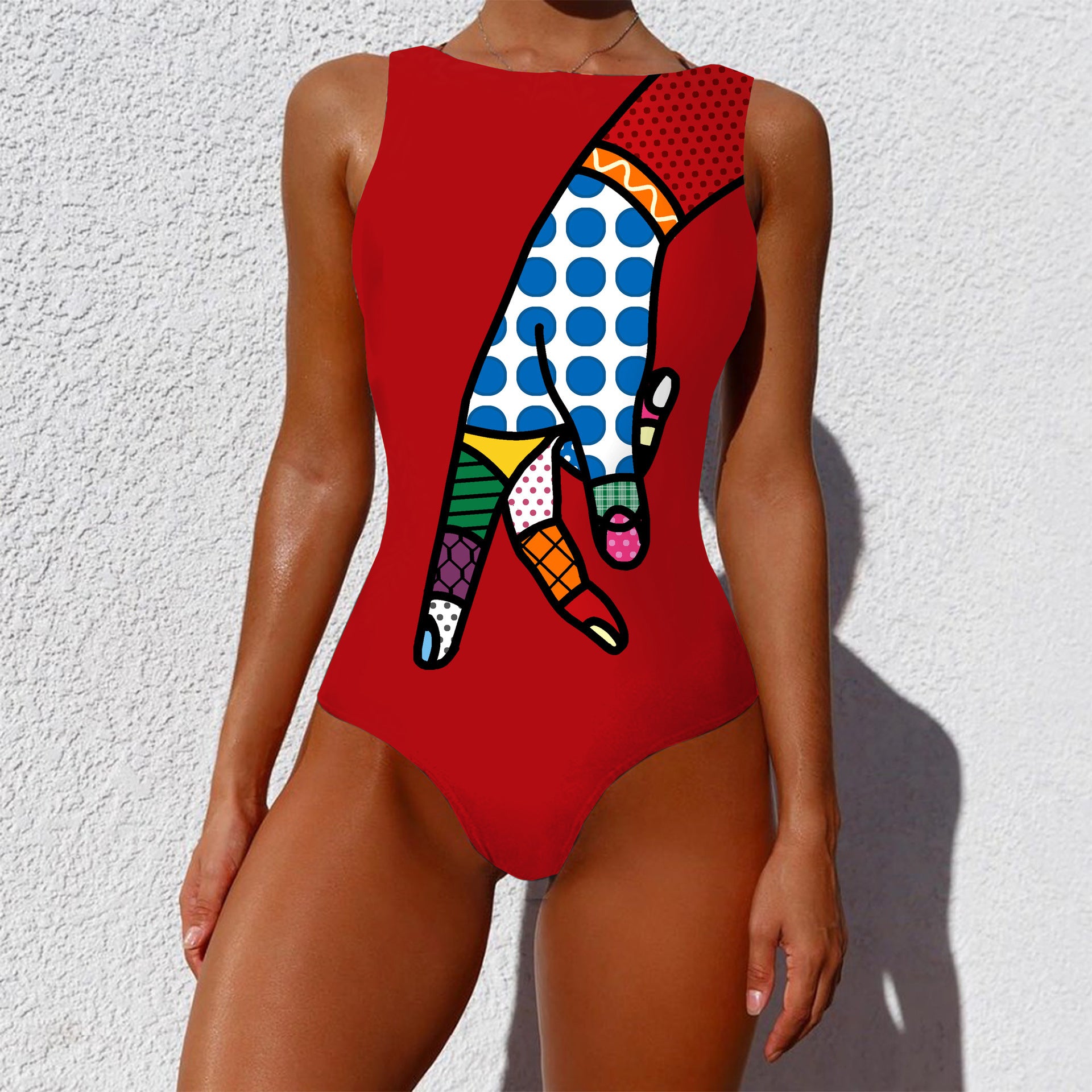 One-piece Fashion Vintage Abstract Print Lady Swimsuit Women Sleeveless Round Neck Bikini Swimwear Summer Push Up Swimsuit 16