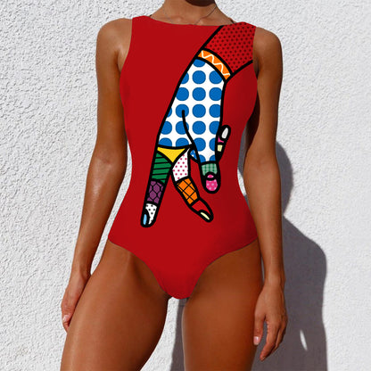 One-piece Fashion Vintage Abstract Print Lady Swimsuit Women Sleeveless Round Neck Bikini Swimwear Summer Push Up Swimsuit 16