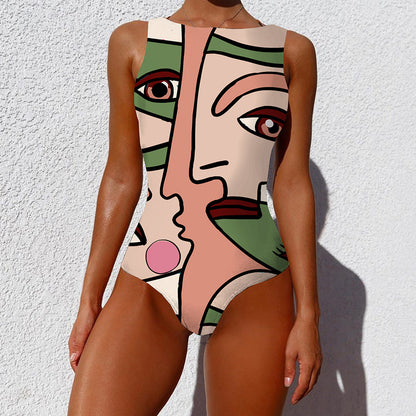 One-piece Fashion Vintage Abstract Print Lady Swimsuit Women Sleeveless Round Neck Bikini Swimwear Summer Push Up Swimsuit 16