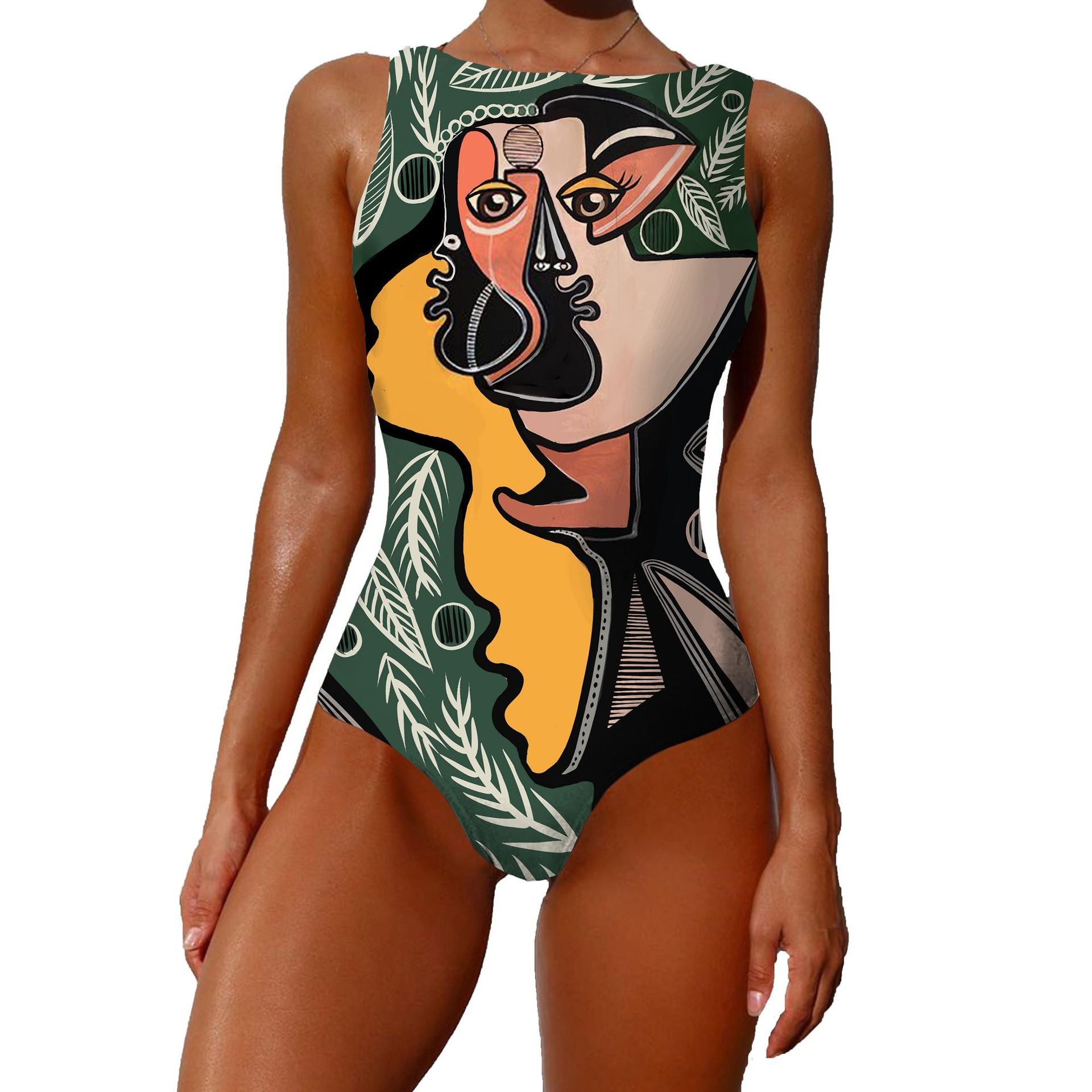 One-piece Fashion Vintage Abstract Print Lady Swimsuit Women Sleeveless Round Neck Bikini Swimwear Summer Push Up Swimsuit 16