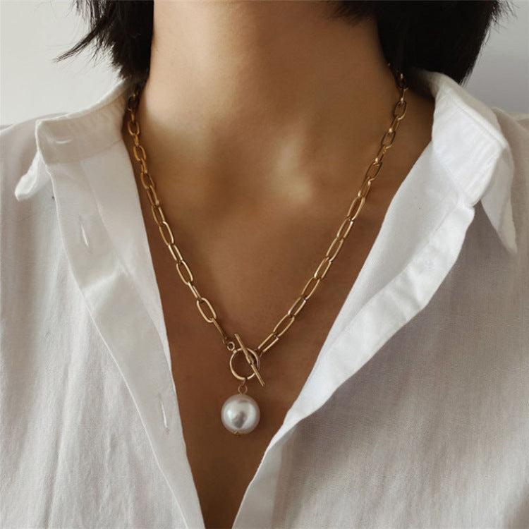 Quality Punk Simulated Pearl Pendant Necklaces for Women Shine Link Chain Layer Necklace Lasso Lariat Curb Cuban Collars Jewe