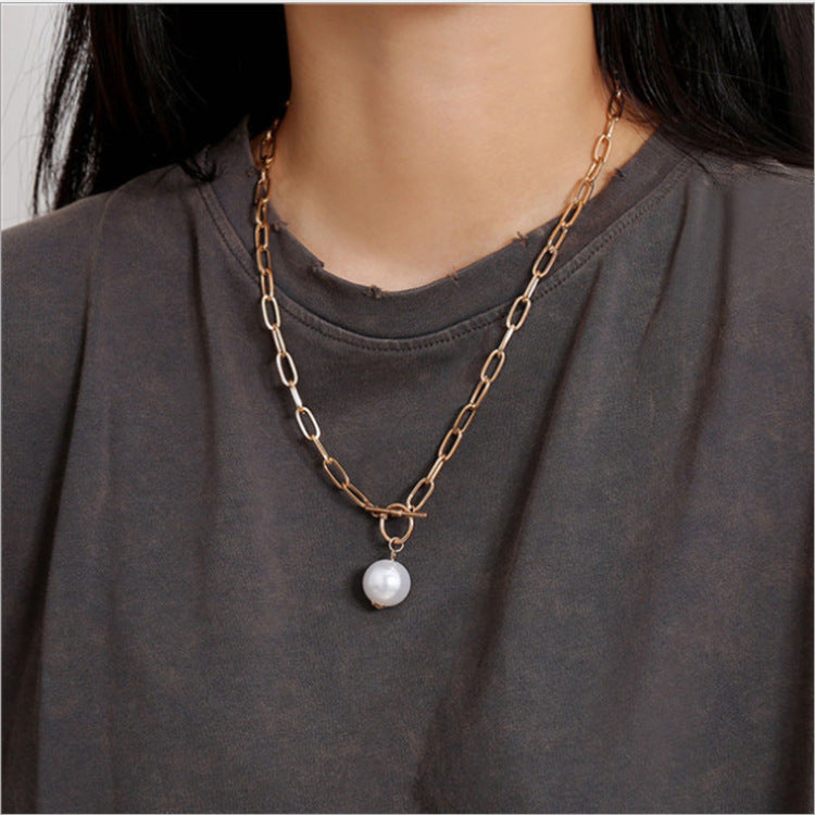 Quality Punk Simulated Pearl Pendant Necklaces for Women Shine Link Chain Layer Necklace Lasso Lariat Curb Cuban Collars Jewe