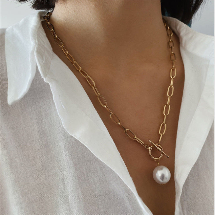 Quality Punk Simulated Pearl Pendant Necklaces for Women Shine Link Chain Layer Necklace Lasso Lariat Curb Cuban Collars Jewe