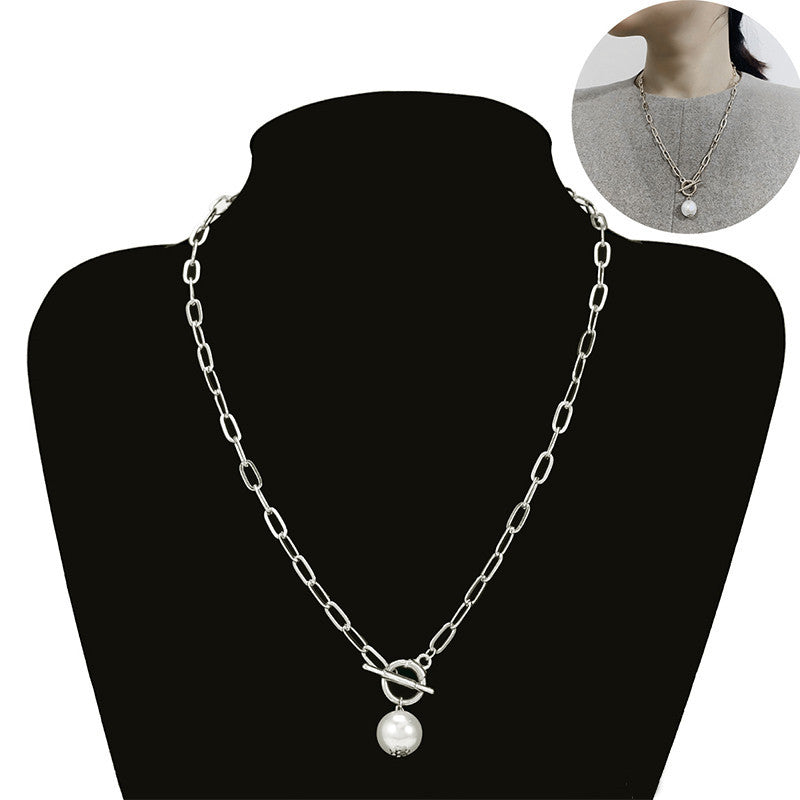 Quality Punk Simulated Pearl Pendant Necklaces for Women Shine Link Chain Layer Necklace Lasso Lariat Curb Cuban Collars Jewe